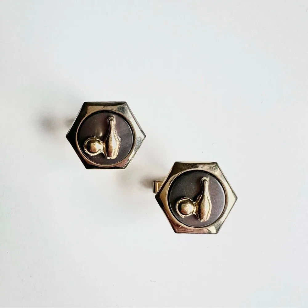 Vintage 70’s 3pc Cufflinks & Tie Clip Set Gold Tone Black Bowling Ball & Pins